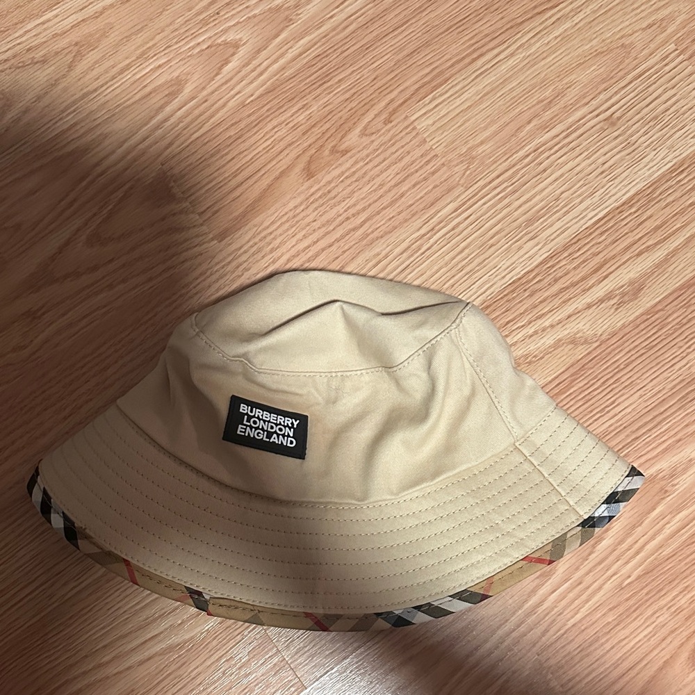 Designer inspired Women's Tan Bucket Hat with Check Trim